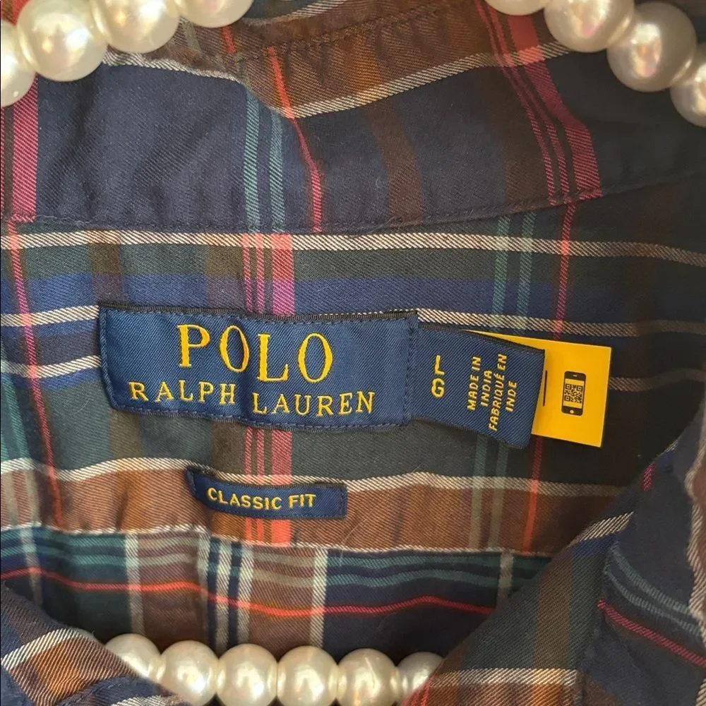 Polo by Ralph Lauren Men's Navy and Brown Check Shirt size large